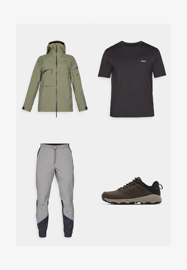 Olijfgroene waterdichte jas met een capuchon, meerdere ritszakken, verstelbare mouwen en een gladde textuur. Heeft een minimalistisch ontwerp.; Zwart T-shirt met korte mouwen van katoen, met een borstzak en een blauw Patagonia-logo aan de linkerkant.; Lichte, grijze sportbroek met zwarte accenten. Elastische tailleband, trekkoordsluiting, taps toelopend ontwerp en zijzakken.; Bruine waterdichte sneakers met een gestructureerde bovenkant, geperforeerde accenten, zwarte hielsteun en een grijze rubberen zool. De veters zijn voorzien van metalen uiteinden.