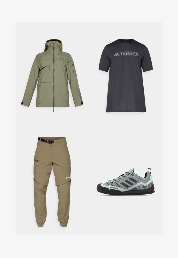 Olivgrüne wasserdichte Jacke mit Kapuze, mehreren Reißverschlusstaschen, verstellbaren Bündchen und einer glatten Textur. Verfügt über ein minimalistisches Design.; Schwarzes T-Shirt mit kurzen Ärmeln aus leichtem Stoff, mit einem hellgrauen "TERREX"-Logo auf der Brust und einem Rundhalsausschnitt.; Khaki Outdoor-Hosen mit verstellbarem schwarzen Gürtel, Reißverschlusstaschen, schmal zulaufenden Bündchen und abnehmbaren unteren Beinen für vielseitige Stylingmöglichkeiten.; Graue Kletterschuhe mit einer strukturierten Oberseite, schwarzer Gummi-Zehenkappe, drei dunklen Streifen und einem kleinen roten Akzent an der Sohle.