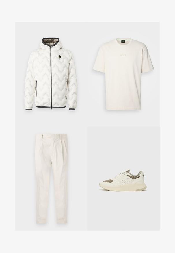 Doudoune blanche avec capuche, dotée d'un motif en zigzag matelassé, fermeture éclair noire et poignets avec des rayures blanches. Conception légère et isolante.; BOSS TEE - T-shirt basique - open white; Pantalons blancs plissés avec une coupe ajustée, dotés d'une texture lisse, de passants de ceinture et de jambes fuselées. Pas de poches visibles ni de motifs.; Basket de sport blanche et beige clair, avec une tige en maille, des détails perforés et une semelle intermédiaire texturée avec un logo sur le talon.