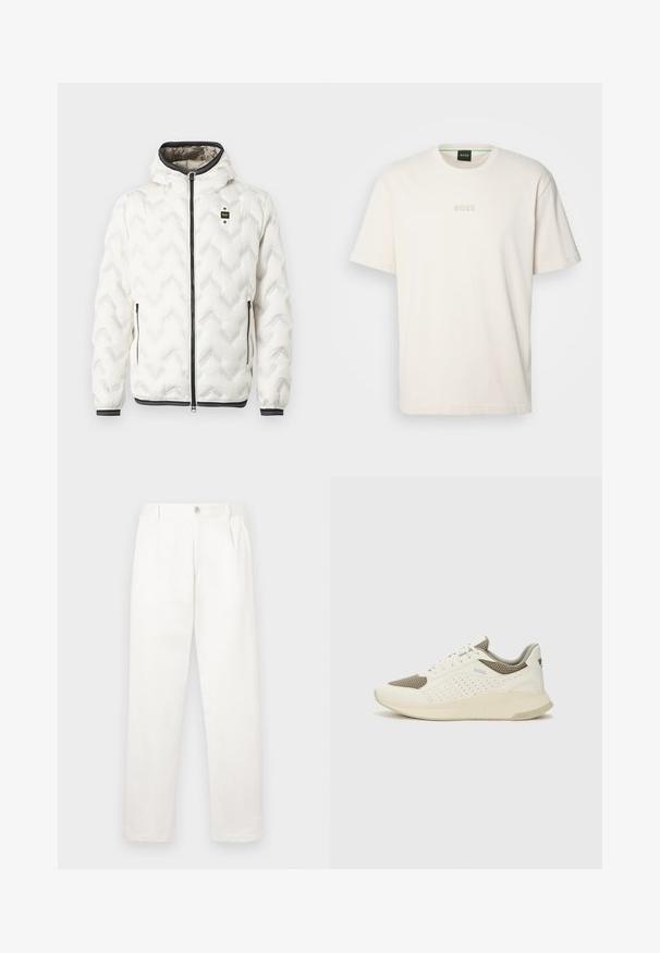 White puffer jacket with a hood, featuring a quilted zigzag pattern, black zipper, and cuffs with white stripes. Lightweight and insulated design.; BOSS TEE - Basic T-shirt - open white; White trousers made from smooth fabric, featuring a straight leg design, front pleats, and a single button closure at the waist.; White and light beige athletic sneaker, featuring a mesh upper, perforated detailing, and a textured midsole with branding on the heel.