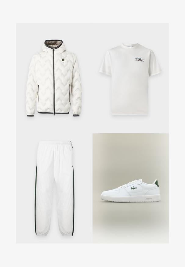 Balta pūkainā jaka ar kapuci, ar quiltētu zigzaga rakstu, melnu rāvējslēdzēju un piedurknēm ar baltām svītrām. Viegls un izolēts dizains.; Balts kokvilnas T-krekls ar apaļu kakla izgriezumu, īsām piedurknēm un mazu izšūtu logo ar kalniem un tekstu kreisajā krūtīs.; Baltas sporta bikses ar tumši zaļām sānu joslām. Viegls materiāls, elastīga josta un aproces apakšā. Satur acu auduma tekstūru sānu joslās.; Baltas ādas sneakers ar gludu apdari, zaļiem akcentiem uz papēža un zaļu logotipu sānos. Iezīmē platu zoli un apaļu pirkstu.