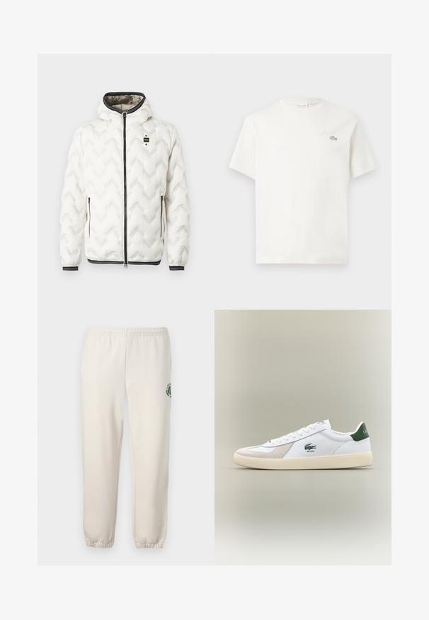 Balta pūkainā jaka ar kapuci, ar quiltētu zigzaga rakstu, melnu rāvējslēdzēju un piedurknēm ar baltām svītrām. Viegls un izolēts dizains.; Balts kokvilnas T-krekls ar īsām piedurknēm, kuram ir smalka izšūta logo un minimālisma dizains. Mīksta tekstūra, apaļa kakla izgriezums.; Gaiši bēši kokvilnas sporta bikses ar elastīgu jostu, ribotām apakšmalām un zaļu logotipu ar lapu dizainu kreisajā kājā.; Baltie sporta apavi ar zaļiem akcentiem, izgatavoti no zamša un ādas, ar noapaļotu purngalu, teksturētu zoli un izšūtu logotipu sānos un uz mēles.
