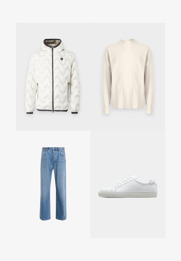 Chaqueta acolchada blanca con capucha, que presenta un patrón de rombos en zigzag, cremallera negra y puños con rayas blancas. Diseño ligero y aislante.; Camisa de manga larga y cuello perkins en algodón color crema claro. Textura suave, corte holgado, diseño minimalista, sin patrones ni acentos visibles.; Jeans de mezclilla azul claro con un diseño de pierna recta, cinco bolsillos, cierre de botón, ligeramente desgastados y detalles de costura en contraste.; Zapatilla blanca con parte superior de cuero liso y perfil bajo. Presenta una puntera redondeada, seis ojales y una suela de goma texturizada.