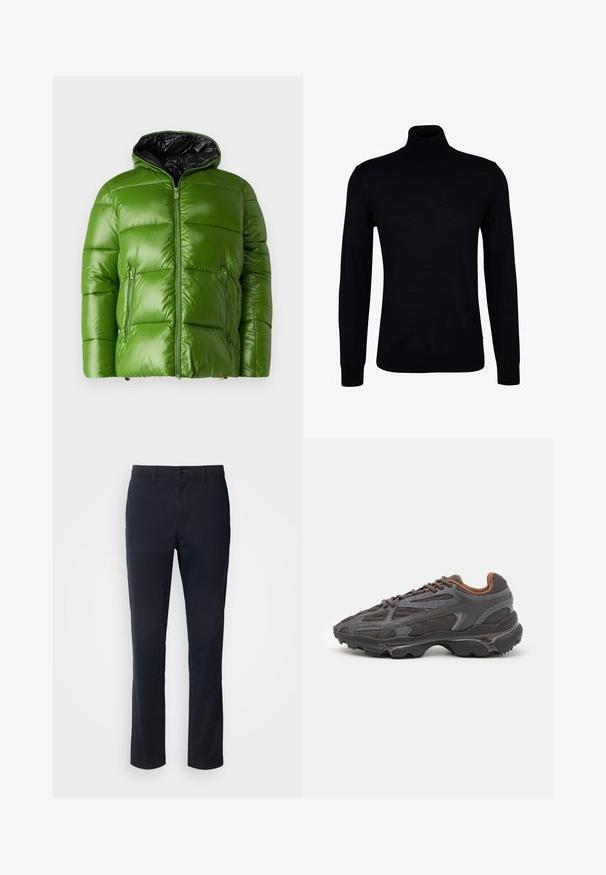 Grüne Pufferjacke mit glänzender Oberfläche, Reißverschluss und schwarzem Innenfutter. Verfügt über zwei Reißverschluss-Vordertaschen und eine Kapuze.; Schwarzer Rollkragenpullover aus einem glatten Strickstoff. Verfügt über lange Ärmel, einen eng anliegenden Kragen und gerippte Bündchen sowie Saum für eine optimale Passform.; Marineblaue Hosen aus glattem Material mit geradem Bein, Gürtelschlaufen und einer Knopfverschluss mit Reißverschluss.; Lacoste Sneaker in Dunkelgrau aus Mesh und Synthetikmaterial, mit einer strukturierten Sohle und braunen Akzenten am Kragen und Logo.