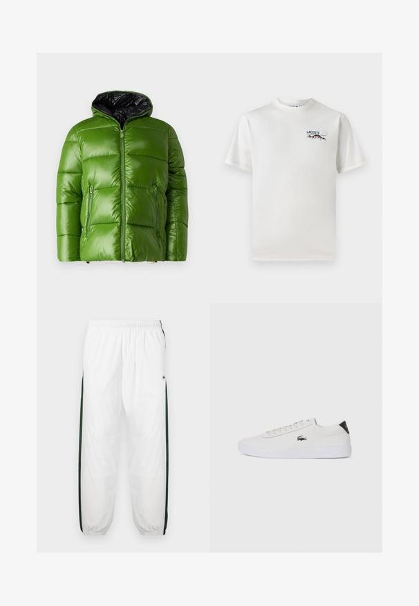 Giacca a vento verde con finitura lucida, chiusura zip e interno nero. Presenta due tasche frontali con zip e un cappuccio.; T-shirt bianco in cotone con scollatura rotonda, maniche corte e un piccolo logo ricamato che raffigura montagne e testo sul lato sinistro del petto.; Pantaloni da tuta bianchi con pannelli laterali di un verde scuro. Materiale leggero, vita elasticizzata e orli a costine. Presentano una texture in rete sui pannelli laterali.; Sneaker bianco in pelle con punta rotonda, chiusura con lacci e accentuazione nera sul tallone. Presenta un piccolo logo di coccodrillo ricamato sul lato.