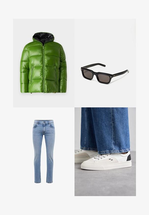 Green puffer jacket with a glossy finish, zip closure, and a black interior. Features two zippered front pockets and a hood.; Long-sleeve white t-shirt made of soft cotton. Crew neckline with straight cut hems and no visible patterns or graphics.; Light blue denim jeans with a slim fit, five pockets, and a straight leg design. Features a zipper fly and belt loops. Soft texture.; White and black sneakers with a smooth leather upper, textured accents, and a chunky white sole. Features a classic lace-up design.; Black rectangular sunglasses with dark lenses, thick plastic frame, gold accents on temples, and brand logo engraved on the arm.