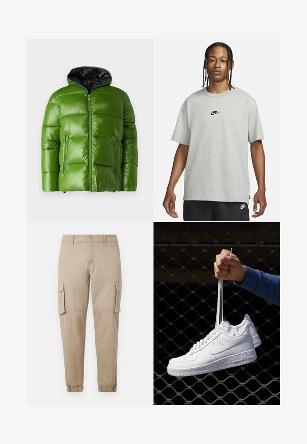 Giacca a vento verde con finitura lucida, chiusura zip e interno nero. Presenta due tasche frontali con zip e un cappuccio.; Giovane con capelli intrecciati che indossa una maglietta Nike grigia chiara e pantaloni Nike neri su uno sfondo bianco semplice.; Pantaloni cargo beige in un leggero cotone. Presentano polsini elasticizzati, molteplici tasche laterali e una chiusura con bottone.; Sneakers in pelle bianca con perforazioni, punta rotonda, suola piatta e lacci spessi, con logo swoosh visibile e "AIR" sul tallone.