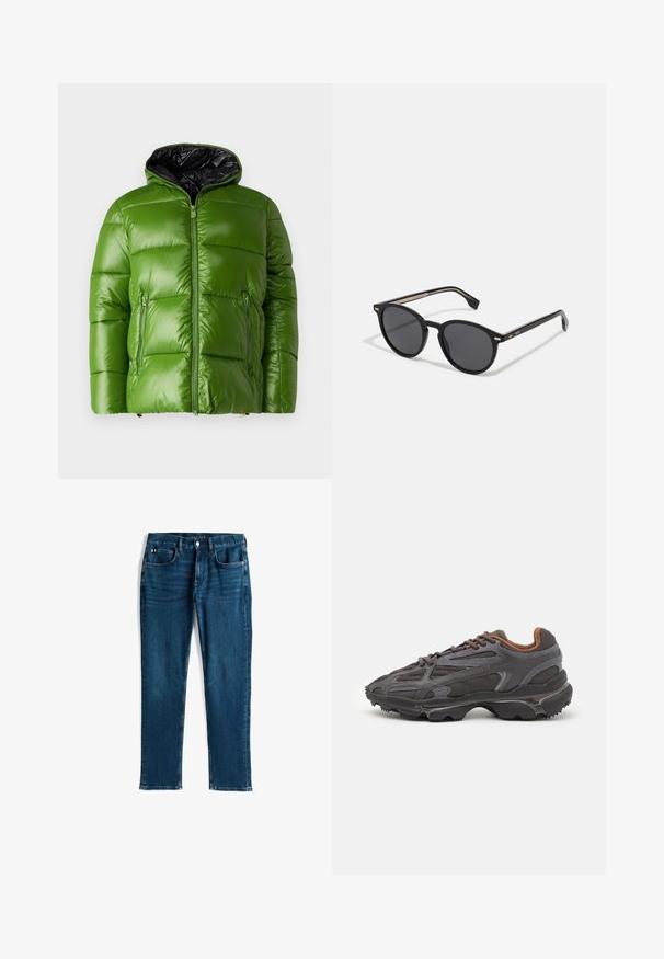 Grön puffjacka med glansig yta, dragkedja framtill och svart foder. Har två fickor framtill med dragkedja och en huva.; Röd bomullströja med korta ärmar, rundad halsringning och en liten logotyp på vänster bröst. Slät textur och normal passform.; Mörkblå denimjeans, rak bendesign, femficksmodell, med subtila slitningar och kontrasterande sömmar, metallknapp och dragkedjestängning.; Lacoste-sneakers i mörkgrått med nät och syntetmaterial, med en strukturerad sula och bruna detaljer på kragen och varumärket.; BOSS Solglasögon - black