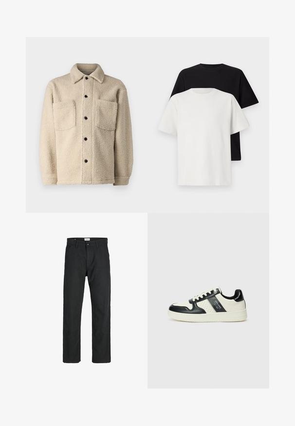 Beige, fleece'iga voodriga jakk, millel on kaelus, kaks esipoolset taskut ja mustad nupud. Tekstureeritud kangas nähtava õmbluse detailiga.; Puuvillane t-särkide komplekt, mis sisaldab musta ja valget särk, mõlemad lühikeste varrukatega, ümmarguse kaelusega ja standardse lõikega. Tekstuuriga kangas.; Mustad mustad, mis on valmistatud vastupidavast kangast, sirge jala disainiga, õmmeldud detailidega ja kahe eesmise taskuga funktsionaalsuse jaoks.; Nahatud nahkkingad musta ja kreemi värviskeemiga, millel on perforeeritud aktsendid, pehme krae ja tekstureeritud tallad.