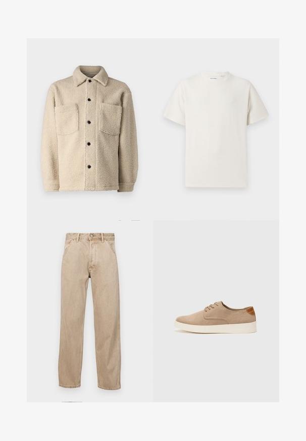 Jachetă bej, căptușită cu fleece, cu guler, două buzunare frontale și închideri cu butoane negre. Material texturat cu detalii de cusătură vizibile.; Tricou alb cu maneci scurte, dintr-un material ribbed. Guler rotund, croi lejer, fără modele sau accente vizibile. Design simplu și versatil.; Jeans din denim bej cu un design drept, care prezintă buzunare frontale, închidere cu buton metalic și o textură subtilă.; Tenisi din suede bej cu vârf rotund, sistem de șireturi în față și un accent texturat în spate. Talpa albă din cauciuc oferă un contrast. Design simplu și modern.