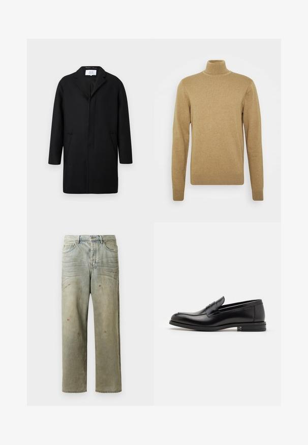 Black wool coat with a notched lapel, open front, and two side pockets. Features a straight cut and textured fabric.; Beige turtleneck sweater made of soft knit fabric. Features long sleeves and a fitted design. Ribbed hem and collar accents.; Distressed denim jeans in light green, featuring a straight leg, five-pocket design, and uneven fading with paint splatters.; Black leather loafers with a smooth texture, rounded toe, and a decorative strap across the vamp. Low stacked heel, minimalist design.