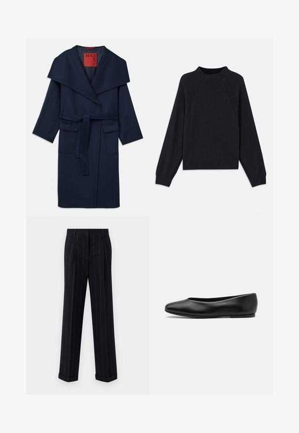 Marineblauwe jas met een brede kraag, een ceintuur in de taille en twee grote voorzakken. Gemaakt van een gladde stof met een relaxte pasvorm en 3/4 mouwen.; Donkerblauwe trui met een ronde halslijn, lange raglanmouwen, geribbelde manchetten en een rechte zoom. Gemaakt van een zachte, gestructureerde breimateriaal.; Zwarte broek met streepjes in een getailleerde pasvorm, voorzien van een omgeslagen zoom en voorplooien. Gemaakt van een gladde stof met een gestructureerd ontwerp.; Paul Smith TOPANGA - Ballerina's - black