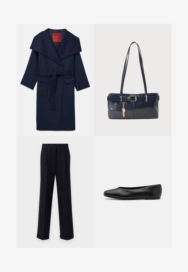 Námořnický modrý kabát se širokým límcem, páskem v pase a dvěma velkými předními kapsami. Vyrobený z hladké tkaniny s volným střihem a 3/4 rukávy.; Tmavě námořnický svetr s kulatým výstřihem, dlouhými raglánovými rukávy, žebrovanými manžetami a rovním lemem. Vyroben z měkké, texturované pleteniny.; Černé pruhované kalhoty s úzkým střihem, se zúženým lemem a předními sklady. Vyrobené z hladkého materiálu se strukturovaným designem.; Paul Smith TOPANGA - Klasické baleríny  - black; Námořnická kožená kabelka s dvěma dlouhými uchy, detaily s přezkou a připevněným klíčenkou. Vyznačuje se hladkým povrchem a obdélníkovým tvarem.