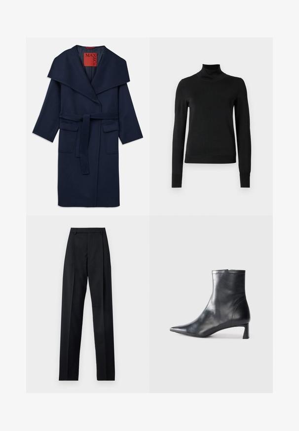 Námornícky modrý kabát so širokým golierom, opaskom v oblasti pása a dvoma veľkými prednými vreckami. Vyrobený z hladkej tkaniny s uvoľneným strihom a 3/4 rukávmi.; Čierny dlhý rukáv rolák s rebrovanými manžetami a lemom, zobrazený na čistej bielej pozadí.; Čierne nohavice vyrobené z hladkej látky s vysokým pásom, širokými nohavicami, prednými záhybmi a klasickými pútkami na opasok. Žiadne bočné vrecká nie sú viditeľné.; Čierne kožené členkové topánky s špicatou špičkou a elegantným dizajnom. Majú nízky podpätok a zips na zadnej strane. Hladká textúra.