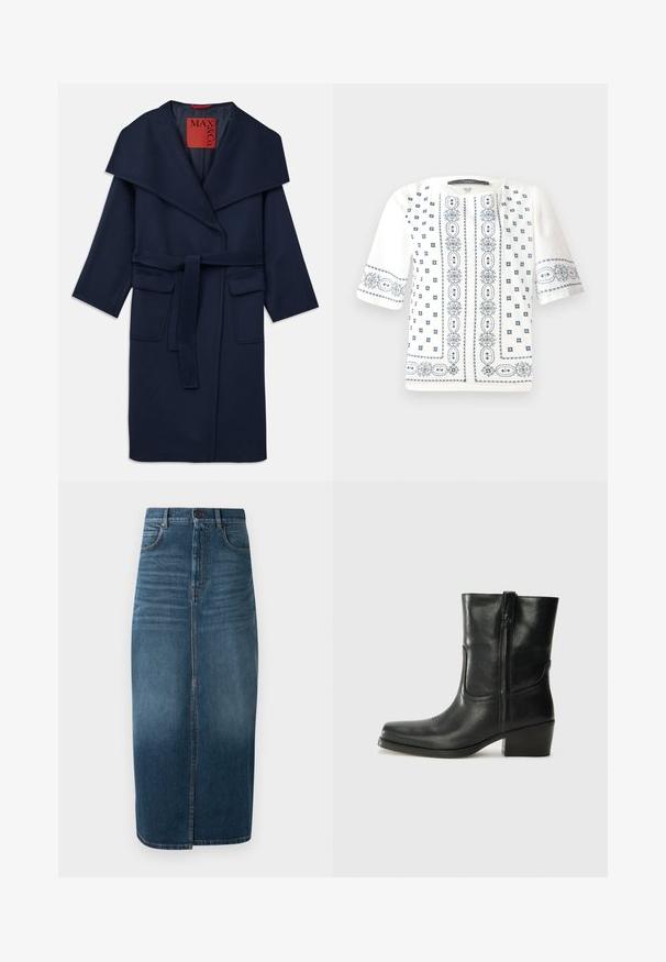 Marinblauer Mantel mit einem breiten Kragen, tailliertem Bund und zwei großen vorderen Taschen. Aus glattem Stoff gefertigt, mit lockerer Passform und 3/4-Ärmeln.; Weiße Kurzarmbluse mit blauer Blumenstickerei, einem runden Ausschnitt und detaillierten Mustern entlang der Vorderseite und Ärmel.; Denim-Midi-Rock in dunklem Indigo, mit einem vorderen Schlitz und leichtem Verblassen. Klassisches Fünf-Taschen-Design mit metallischem Knopfverschluss.; Schwarze Leder-Ankle Boots mit runder Zehenform, Blockabsatz, seitlichem Reißverschluss und gestickten Akzenten auf dem Blatt. Glatte Textur, klassisches Design.