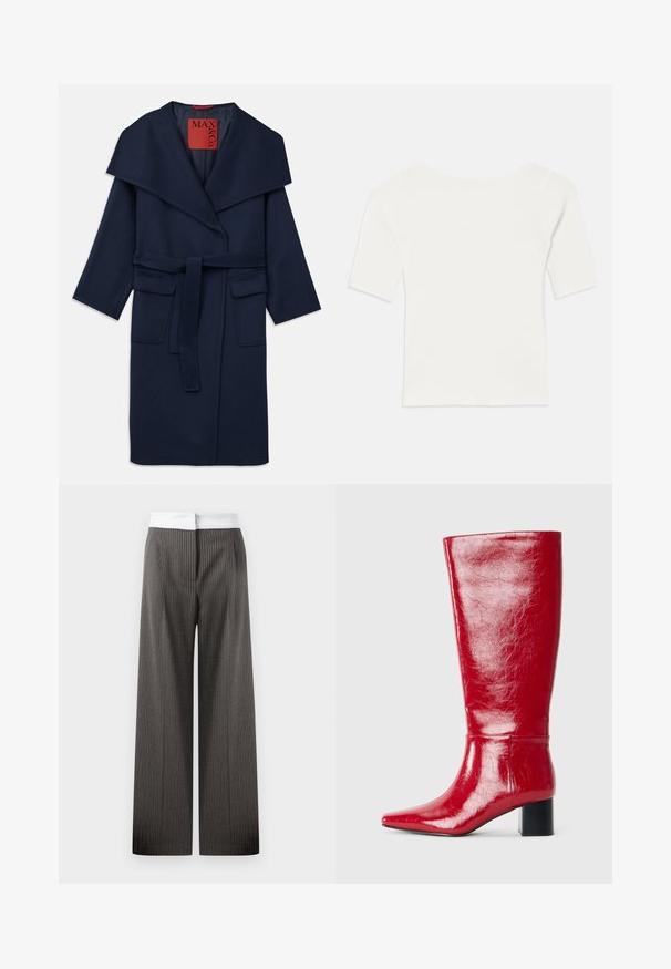 Casaco azul marinho com uma gola larga, cintura c/ cinto e dois grandes bolsos frontais. Feito de um tecido suave, com um corte solto e mangas 3/4.; Top branco de malha com mangas curtas e decote largo. A textura apresenta riscas verticais, realçando um ajuste justo e um design simples.; Calças de perna larga em cinza escuro com riscas verticais. A cintura é branca e elástica, criando um detalhe de contraste.; Bota alta de couro vermelho brilhante até o joelho, com bico pontudo e salto quadrado, em um fundo branco simples.