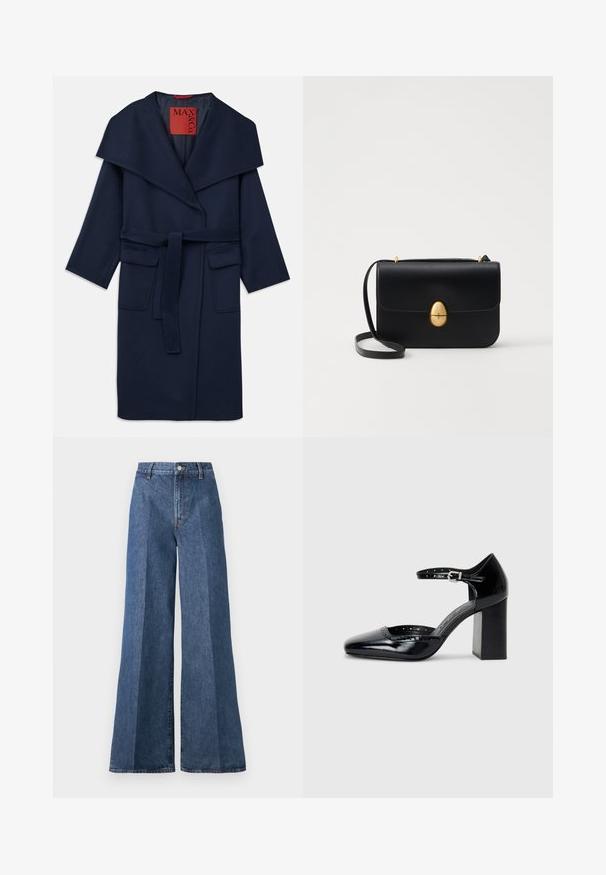 Marineblauwe jas met een brede kraag, een ceintuur in de taille en twee grote voorzakken. Gemaakt van een gladde stof met een relaxte pasvorm en 3/4 mouwen.; Witte katoenen t-shirt met korte mouwen, ronde halslijn, comfortabele pasvorm en gestikte zoom. Etiket zichtbaar aan de binnenzijde van de hals.; Wijd flonkerige blauwe denim jeans met een hoge taille, voorzien van klassieke vijf-pocketstijl en een knoopsluiting, gemaakt van gestructureerde katoen.; Zwarte lakleren hoge hakken met een vierkante neus, enkelbandje en een chunky hak. Inclusief geperforeerde details langs de rand.; Zwarte leren handtas met een gestructureerde rechthoekige vorm. Voorzien van een gouden ovale sluiting en een dunne schouderband. Glad van textuur.