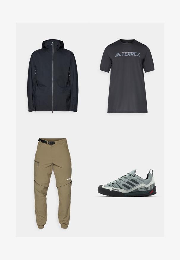 Svart huva jacka gjord av slätt, vattentåligt tyg. Har en hel dragkedja fram, två sidofickor och justerbara manschetter.; Svart kortärmad t-shirt gjord av lätt tyg, med en ljusgrå "TERREX"-logotyp över bröstet och rund halsringning.; Kaki utomhusbyxor med justerbart svart bälte, fickor med dragkedja, avsmalnande ärmslut och avtagbara nedre ben för mångsidig stil.; Grå klätterskor med entexturerad ovandel, svart gummikåpa på tån, tre mörka ränder och en liten röd accent på sulan.
