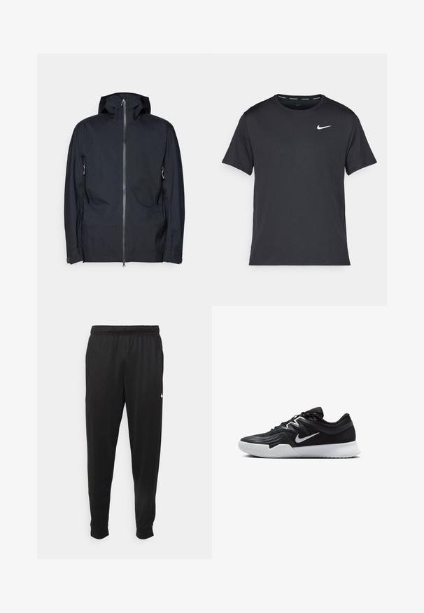 Zwarte capuchonjas gemaakt van een gladde, waterafstotende stof. Voorzien van een volledige ritssluiting aan de voorzijde, twee zijzakken en verstelbare manchetten.; Zwarte Nike hardloop T-shirt gemaakt van lichtgewicht, ademend materiaal, met korte mouwen en een klein wit logo op de borst.; Zwarte sportbroek gemaakt van gladde stof, met een elastische tailleband, taps toelopende pijpen en een klein wit logo aan de linkerzijde.; Zwarte sportieve schoen met een gestructureerde bovenkant, witte Nike swoosh en een witte rubberen zool. Beschikt over een veterontwerp en een dynamische vorm.