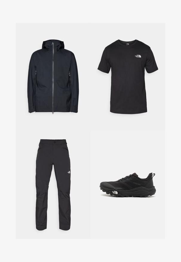 Black hooded jacket made of smooth, water-resistant fabric. Features a full zip front, two side pockets, and adjustable cuffs.; Black short-sleeve t-shirt made of cotton, featuring a round neckline and a small white logo on the upper left chest area.; Black outdoor pants with a zippered front pocket, synthetic material, tapered legs, and reinforced knee panels. Features a button closure.; Black trail running shoe with a textured upper, rubber sole, and reinforced toe cap. Features a padded collar and pull tab for easy wear.