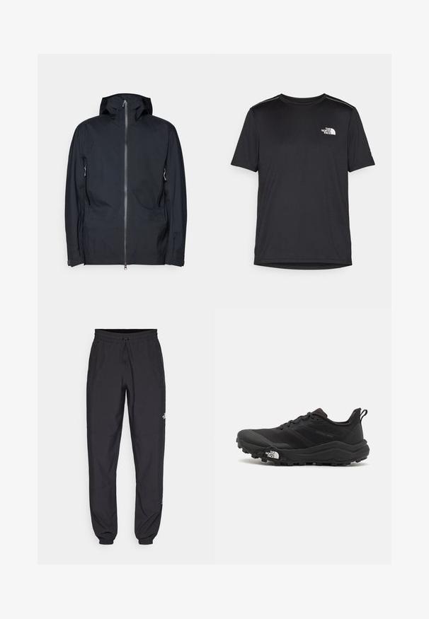Chaqueta negra con capucha hecha de un tejido suave y resistente al agua. Con cierre de cremallera completa, dos bolsillos laterales y puños ajustables.; Camiseta negra de manga corta hecha de tejido ligero. Presenta un pequeño logo blanco en el lado izquierdo del pecho y sutiles acentos en los hombros.; Pantalones deportivos negros hechos de un tejido ligero, con una cinturilla ajustable, bolsillos laterales y puños ajustados en los tobillos.; Zapatilla de trail running negra con upper texturizado, suela de goma y puntera reforzada. Presenta un collar acolchado y una lengüeta para poner y quitar fácilmente.