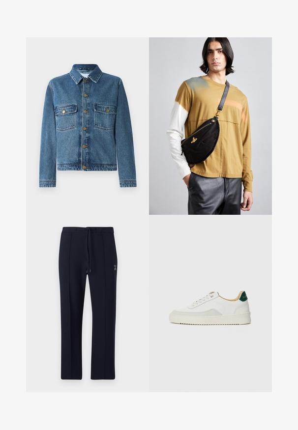 Jeans jakna v srednji modri barvi, z gumbasto zapiranje spredaj, štirimi žepi in klasičnim ovratnikom. Gladka tekstura z našitimi detajli.; Siva kratka majica s kratkimi rokavi, narejena iz mehke, teksturirane tkanine. Ima klasičen okrogli ovratnik in ravno spodnjo rob, primerna za vsakdanje nošenje.; Mornarski hlače z ohlapenim krojem, ki imajo vrvico v pasu in stranske žepke. Gladek material z diskretnimi sprednjimi gubami in podrobnostmi z logotipom.; Bela trenerka z zaključki iz semiša, okroglo konico, ravne vezalke in kremna gumijasta podplata. Ima zeleno blagovno znamko na peti.; Vivienne Westwood CITY BUMBAG UNISEX - Torbica za okoli pasu - black