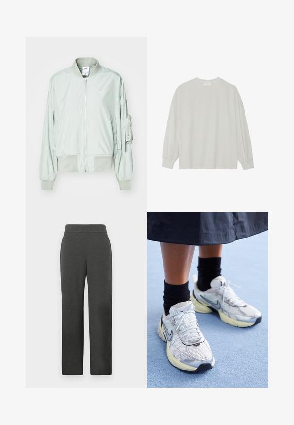 Gaiši zaļš bomber jakas, kas izgatavota no gludas auduma, ar rāvējslēdzēju priekšpusē, ribotām piedurknēm un kabatu uz kreisā piedurknes.; Gaišpelēka garām piedurknēm t-krekls, kas izgatavots no mīkstas kokvilnas. Iezīmē vaļīgu piegriezumu, apaļu kakla izgriezumu un viegli saplacinātas piedurknes. Nav rakstu vai grafikas.; Tumši pelēki taisns kāju bikses ar pieguļošu jostu un sānu kabatām, izliktas uz vienkārša gaiša fona.; Baltie un sudraba Nike kedas ar tīkla audumu, atstarojošiem akcentiem un bēša zoli. Valkātas ar melnām zeķēm, stāvot uz zilas virsmas.