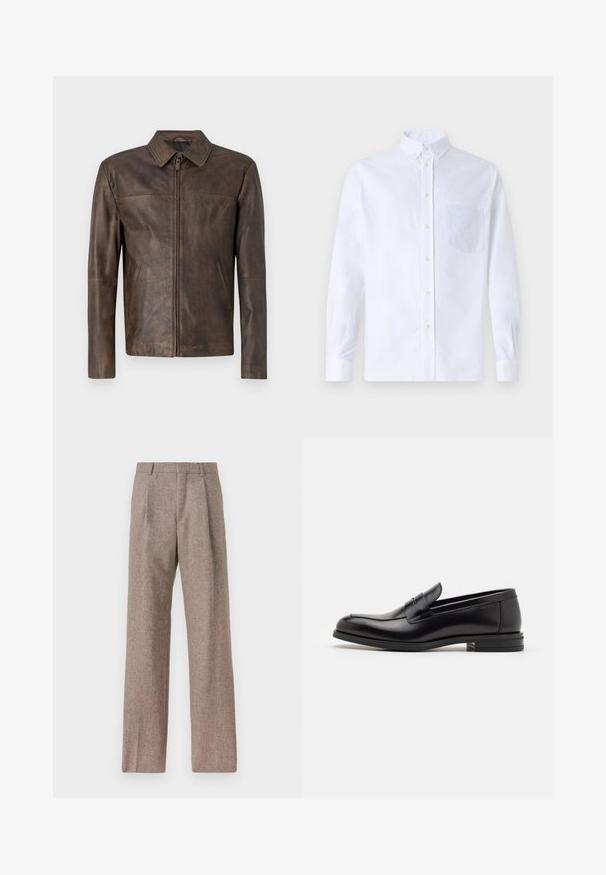 Bruine leren jas met een eenvoudig ontwerp, puntige kraag, ritssluiting aan de voorkant en twee zijzakken, met een gladde, matte afwerking.; Witte lange mouwen overhemd van katoen, met een borstzak met tonale borduring, een kraag en knopenmanchetten.; Bruine, hooggewaisted broeken van een gestructureerde stof. Heeft wijde benen en twee voorplooien voor extra structuur. Net afgewerkt zonder zichtbare hardware.; Zwarte leren instappers met een gladde textuur, ronde neus en een decoratieve band over de wreef. Lage, gestapelde hak en minimalistisch ontwerp.