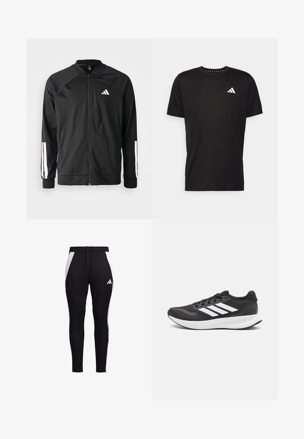 Mustar mustreeritud spordijakk, millel on ees lukuga taskud, raglanvarrukad, valge Adidas logo ja valged triibud varrukatel. Sile kangas elastsete mansettidega.; Must must ka t-särk lühikeste varrukatega, ümmarguse kaelusega ja valge logoga vasakul rinnal. Sile tekstuur ja lihtne disain.; Mustad mustad spordipüksid valgete külgpanelidega, kitsas lõige, elastne vöökoht koos kinnitustoaga ja väike valge logo vasakul jalal.; Mustmust valmistatud õhulise võrgu ülemise osa, valgete aktsentidega ja pehme tallaga must sportlik king. Küljel on kolm triipu kujutav logo.