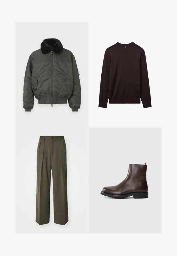 Olive zelena bomber jakna z umetnim krznom ob ovratniku, zadrgo spredaj, rebrastimi manšetami in robom ter stranskimi žepi z zadrgo na roki.; Reiss Pulover - dark bordeaux; Filippa K WIDE TROUSERS - Hlače - driftwood; Rjave usnjene gležnjarje z gladko teksturo, elastičnimi stranskimi paneli, zanko na hrbtni strani in trdno gumijasto podplatom.