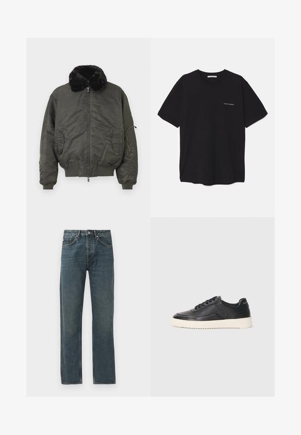 Olivgrüne Bomberjacke mit Kunstfellkragen, Reißverschluss vorne, gerippten Bündchen und Saum sowie seitlichen Taschen und einer Reißverschlusstasche am Arm.; Schwarzes Baumwoll-T-Shirt mit Rundhalsausschnitt, kurzen Ärmeln und weißem Logodruck auf der linken Brust. Einfaches, einfarbiges Design.; Dunkelblaue Denim-Jeans mit geradem Bein-Design, ausgestattet mit fünf Taschen, einem Knopfverschluss und kontrastierenden Steppdetails.; Schwarze Leder-Sneaker mit strukturierter Oberfläche, runder Zehenpartie und flacher weißer Gummisohle. Features schwarze Schnürsenkel und Branding an der Ferse.