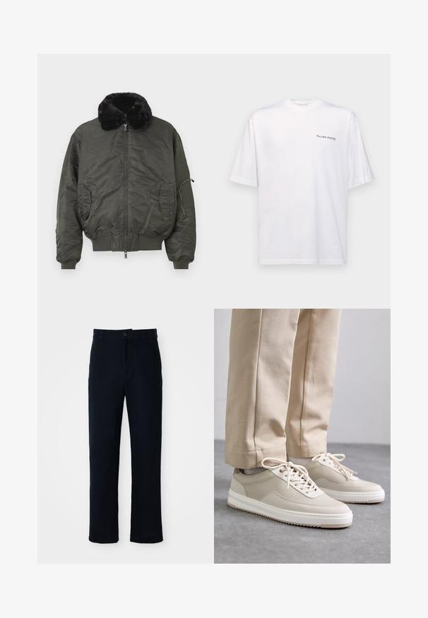 Olijfgroene bomberjack met een faux fur kraag, rits aan de voorkant, ribgebreide manchetten en onderkant, en zijzakken met een gecombineerde armzak met rits.; Witte katoenen T-shirt met korte mouwen en een V-hals, voorzien van een zwart "FILLING PIECES" logo dat aan de linkerkant is gedrukt.; Marineblauwe broeken van katoen, met een recht model, een sluiting met een knoop aan de voorkant en een klassieke tailleband met riemlussen.; Beige sneakers met een textuur bovenkant, witte zolen en gestikte accenten, gecombineerd met beige broeken, tentoongesteld op een grijze ondergrond.