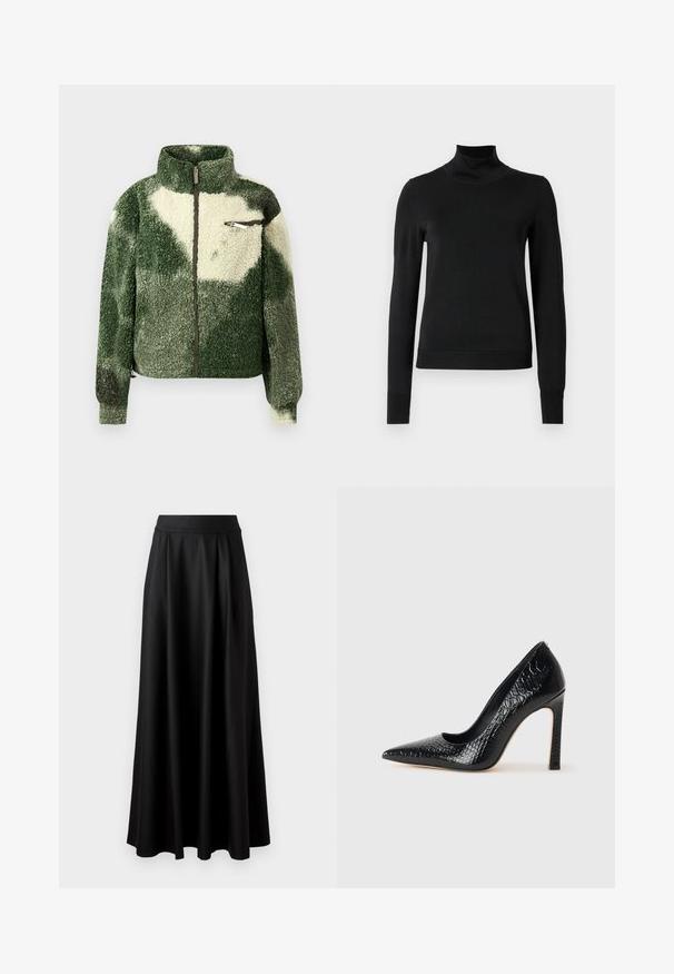 Grön och creamfärgad fleecetröja med hög krage, hel dragkedja och ficka med dragkedja på bröstet. Har en texturerad, plyschyta.; Svart långärmad polotröja med ribbade muddar och nederkant, visad mot en enkel vit bakgrund.; Svart kjol i golvlängd med slät textur, bred midja och plisserad design, utan synliga mönster eller dekorationer.; Svart spetsig högklackad sko med krokodilskinnsstruktur, som har en elegant design, hög stilettklack och en slät svart innersula.
