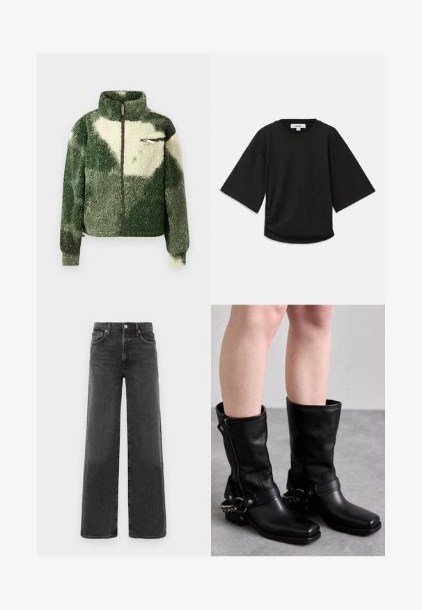 Žalia ir kreminė fliso striukė su aukštu akių uždengimu, pilnu užtrauktuku ir užtrauktuku užsegamu krūtiniu. Turtingas tekstūruotas, pūkuotas paviršius.; Juodas trumpomis rankovėmis marškinėliai, pagaminti iš švelnaus medvilnės, su apskritu kaklu ir laisvu siluetu, su subtiliu surinkimu šone.; Juodos džinsinės kelnės su aukštu liemeniu, tiesiomis kojomis, priekyje su sagtele ir užtrauktuku, dviem priekinėmis kišenėmis ir dviem galinėmis kišenėmis.; Juodos odinės iki kelių siekiančios bootai su kvadratiniu pirštu, šoniniu užtrauktuku ir reguliuojama juosta, kuri turi metalinę grandinėlę. Matinis paviršius ir tvirta padas.