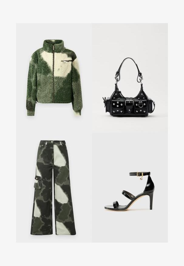 Green and cream fleece jacket with a high collar, full zip closure, and zip chest pocket. Features a textured, plush surface.; Sleeveless turtleneck top with vertical black and white stripes, made of a textured knit fabric, featuring a high, snug collar.; Wide-leg cargo pants in dark green and light gray camo pattern. Features side pocket and metal button, made from durable cotton material.; Black patent leather sandal with three straps, ankle buckle, and 4-inch stiletto heel. Features gold hardware detail and logo charm.; Black leather handbag with a curved design, featuring silver studs, a buckle, and two side pockets. Adjustable strap for carrying options.