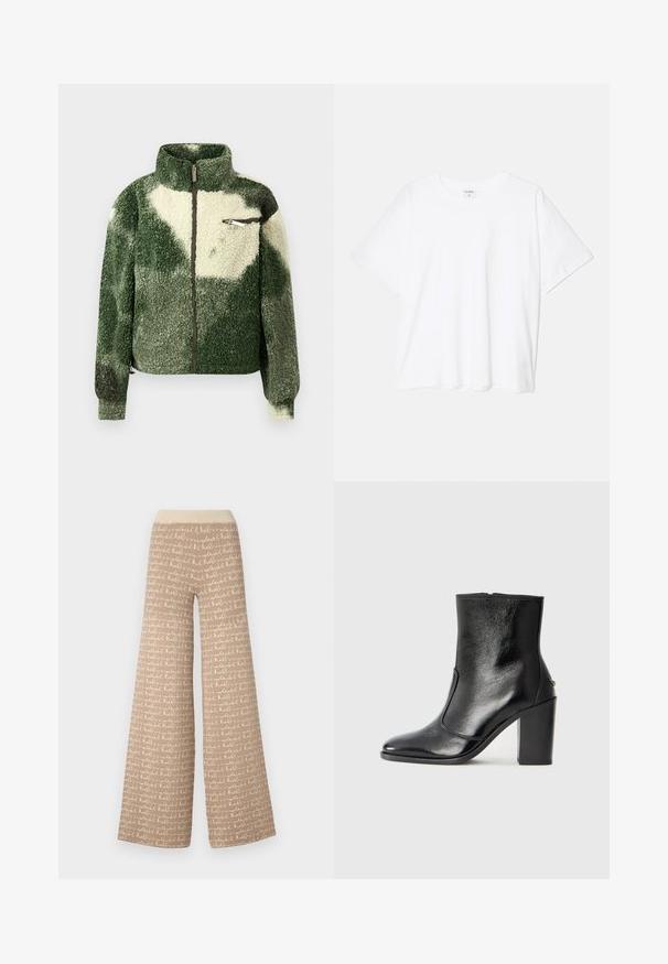 Zielono-kremowa polarowa kurtka z wysokim kołnierzem, pełnym zapięciem na zamek i kieszenią na zamek na klatce piersiowej. Posiada texturowaną, pluszową powierzchnię.; Biała bawełniana koszulka z krótkim rękawem, okrągłym dekoltem, luźnym krojem i przeszytym brzegiem. Metka widoczna wewnątrz dekoltu.; Beżowe spodnie typu wide-leg z powtarzającym się wzorem ręcznie pisanym w jaśniejszym odcieniu. Miękki, teksturowany materiał z żebrowanym paskiem w talii.; Czarne skórzane botki za kostkę o gładkiej fakturze, spiczastym nosku i grubym wysokim obcasie. Posiadają boczne wycięcie i minimalistyczny design.
