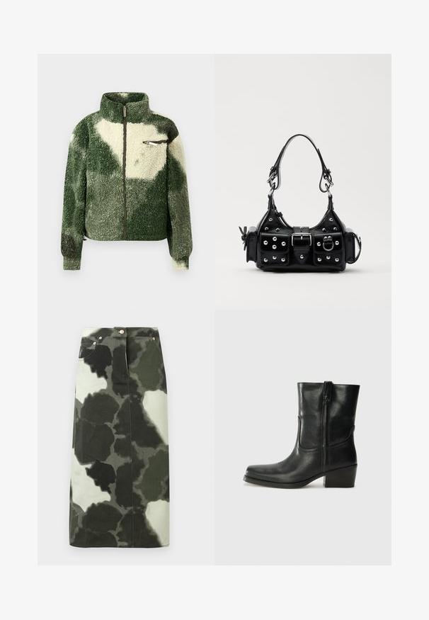 Vihreä ja kerma valkoinen fleece-takki, jossa on korkea kaulus, täysipitkä vetoketju ja vetoketjullinen rintatasku. Sisältää teksturoidun, pehmeän pinnan.; Pitkähihainen, vaaleanbeige paita, jossa on pyöreä kaula-aukko. Valmistettu pehmeästä kankaasta, jossa on keskeinen sauma ja hieman kaareva helma. Ei näkyvää metalliosaa.; Tummanvihreä ja musta camo-kuosiset farkkuhameet, joissa on korkea vyötärö, neljä taskua ja metalliset yksityiskohdat. Keskipitkä ja suora leikkaus.; Musta nahkasaapas nilkkamittaisella varrella, pyöreällä kärjellä, lohkarekorolla, sivuvetoketjulla ja ompeluaksentilla varren yläosassa. Suora pinta, klassinen muotoilu.; Musta nahkainen käsilaukku, jossa on kaareva muotoilu, hopeiset niitit, solki ja kaksi sivutaskua. Säädettävä olkahihna erilaisiin kantovaihtoehtoihin.
