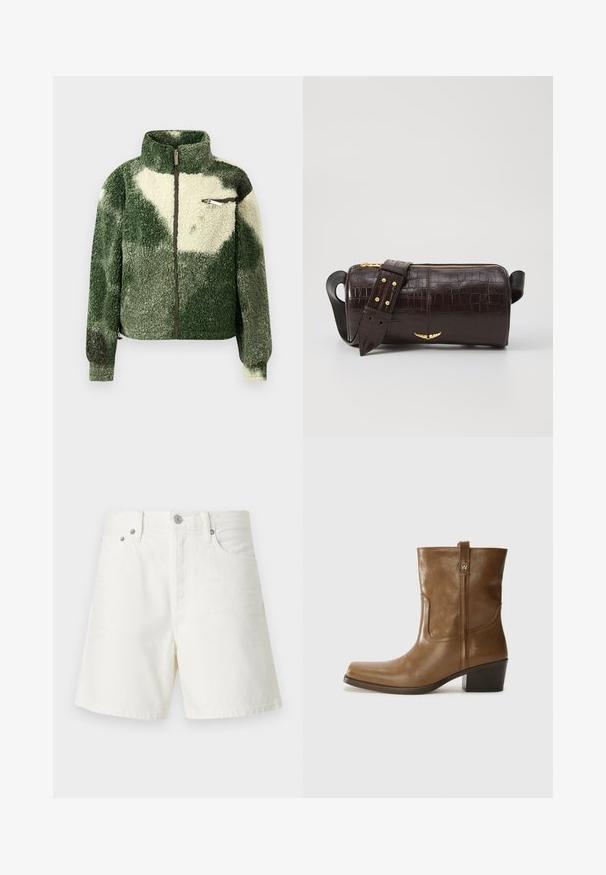 Green and cream fleece jacket with a high collar, full zip closure, and zip chest pocket. Features a textured, plush surface.; Long-sleeve, light beige top with a round neckline. Made of soft fabric, features a central seam and slightly curved hem. No visible hardware.; White denim shorts with a straight cut, five-pocket design, front button closure, silver hardware, and stitched detailing.; Brown leather ankle boot with a square toe, textured finish, and a low stacked heel. Features a rear pull tab and subtle stitching details.; Brown crocodile-embossed leather bag with a cylindrical shape, gold-tone hardware, and a detachable strap featuring studs.