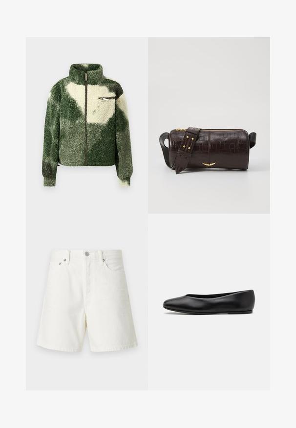 Green and cream fleece jacket with a high collar, full zip closure, and zip chest pocket. Features a textured, plush surface.; Long-sleeve, light beige top with a round neckline. Made of soft fabric, features a central seam and slightly curved hem. No visible hardware.; White denim shorts with a straight cut, five-pocket design, front button closure, silver hardware, and stitched detailing.; Paul Smith TOPANGA - Ballet pumps - black; Brown crocodile-embossed leather bag with a cylindrical shape, gold-tone hardware, and a detachable strap featuring studs.