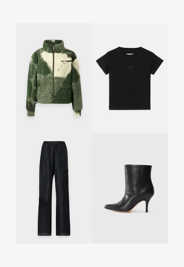 Zelená a krémová fleecová bunda s vysokým golierom, plne zipsom a zipsovou náprsní kapsou. Má textúrovaný, mäkký povrch.; Čierne bavlnené tričko s krátkymi rukávmi, okrúhlym výstrihom a malou grafickou potlačou v svetlejšom odtieni na prednej strane.; Čierne, ľahké nohavice s uvoľneným strihom, s elastickým pásom a dvoma prednými gombíkmi. Hladká textúra s rovnými nohavicami.; Čierne kožené členkové topánky s špicatou špičkou, úzkym stiletto podpätkom a hladkou textúrou. Minimalistický dizajn bez viditeľných kovových prvkov alebo akcentov.