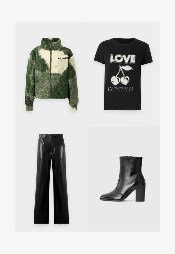 Roheline ja koorevärvi fliisjakke kõrge kaelusega, täisriide sulgemisega ja tõmblukuga rinna taskuga. Omab tekstuurset, pehmet pinda.; Must musta T-särk, millel on valge graafiline print sõna "ARMASTUS" ja kaks kirsit, millel on südamekuju, lisaks bränditekst ja kuupäev.; Mustad naha laiad püksid sileda pinnaga, millel on nupud ja tõmblukk, esipockets ja kontrastõmblused.; Must kõvale nahast pahklipsu saapad, millel on sile tekstuur, terav varvas ja paks kõrge kann. Omab külgavatust ja minimalistlikku disaini.