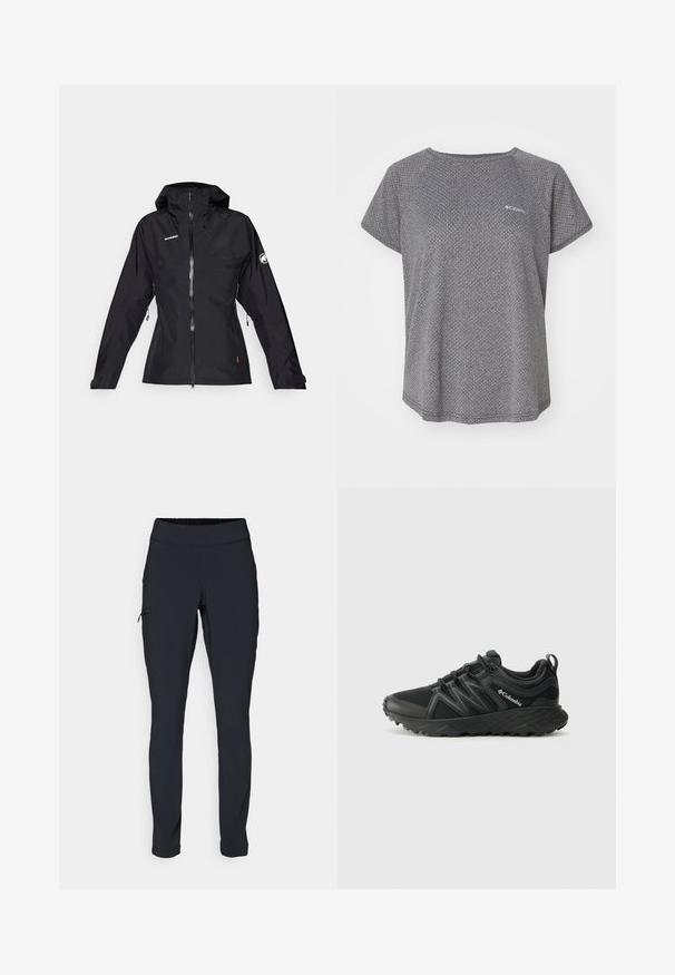 Črna vodoodporna jakna z kapuco, sprednjim zadrgo in dvema stranskima žepoma. Tkanina ima gladko teksturo z logotipom na levem prsnem delu.; Siva majica s kratkimi rokavi z diskretnim teksturiranim vzorcem, okroglim izrezom in Columbia logotipom na prsih. Mehka tkanina, sproščen kroj.; Črne športne hlače s slim fit krojem, elastičnim pasom in stransko žepom z zadrgo. Gladek, raztegljiv material z minimalnimi šivi.; Columbia PEAKFREAK - Pohodniški čevlji - black