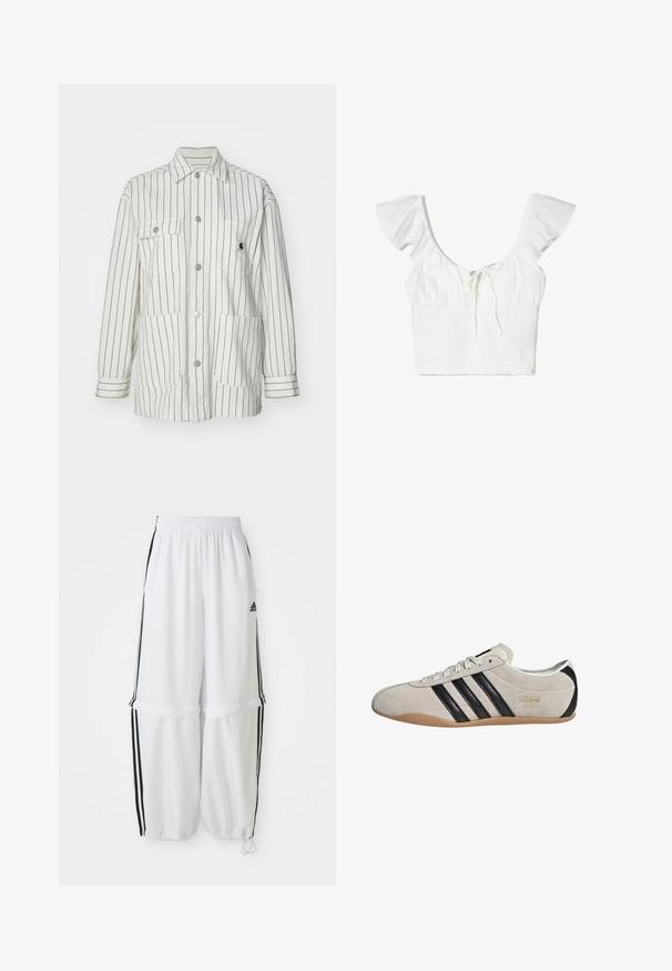 White striped jacket with a button-up front, two large front pockets, long sleeves, and a collar. Made from a durable fabric.; White crop top with short ruffled sleeves, square neckline, and a tie detail at the front. Fabric is soft with a textured smocked finish.; White athletic pants with a relaxed fit, elastic waistband, and black side stripes. Features zipper pockets and elastic cuffs at the ankles.; Suede sneaker with a gray upper, black stripes, and a gum rubber sole. Features a lace-up closure and a gold logo detail on the side.