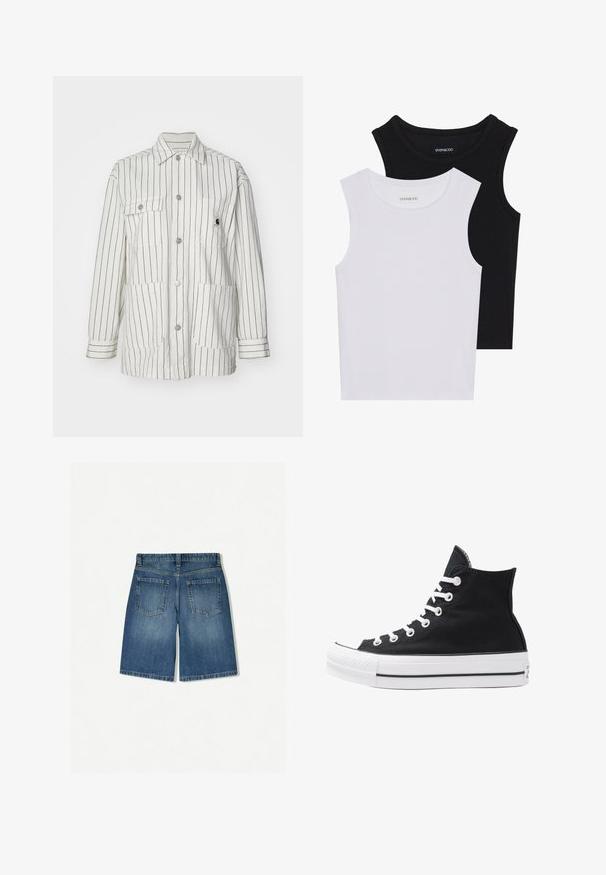 Fehér csíkozott kabát, gombos elülső résszel, két nagy elülső zsebbel, hosszú ujjakkal és gallérral. Tartós szövetből készült.; Két ujjatlan felső fekete és fehér színben, bordás pamutból készült, kerek nyakkivágással és testhez simuló fazonnal. Mindkettőn látható címke.; Közékkék farmer sort, laza fazonnal, két hátsó zsebbel és tiszta, egyenes szegéllyel. Klasszikus öt zsebes kialakítás.; Fekete vászon magas szárú sneaker, fehér fűzőkkel és gumitalppal. Texturált orr-rész és fekete-fehér csíkos kiegészítők jellemzik.