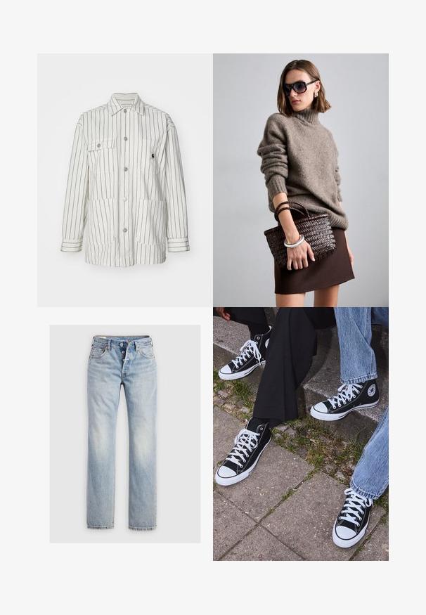 Weiße gestreifte Jacke mit Knopfleiste, zwei großen Fronttaschen, langen Ärmeln und einem Kragen. Hergestellt aus einem strapazierfähigen Stoff.; Weißes Baumwoll-T-Shirt mit kurzen Ärmeln, Rundhalsausschnitt und lockerer Passform. Glatte Textur und schlichtes Design, keine Muster oder Akzente.; Hellblaue Denim-Jeans mit geradem Bein, einem Fünf-Knopf-Reißverschluss und Gesäßtaschen mit subtilen Stickdetails.; Schwarzecanvas-Sneaker mit hohem Schaft, weißen Gummisohlen und Schnürsenkeln, die ein rundes Logo an der Seite besitzen und mit Denim- sowie schwarzen Hosen kombiniert sind.; DRAGON DIFFUSION MINI FLAT GORA - Handtasche - dark brown