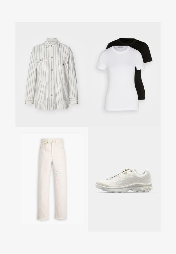 Bielo-pruhovaná bunda s gombíkovou prednou stranou, dvoma veľkými prednými vreckami, dlhými rukávmi a golierom. Vyrobená z odolnej tkaniny.; Dvoje tričiek s krátkym rukávom v čiernej a bielej farbe. Vyrobené z hladkej bavlny, s klasickým okrúhlym výstrihom a bežným strihom.; Biele džínsy z denimu so stright-leg strihom, päť-vreckovým štýlom a medenými kovovými doplnkami. Nerovný lem na členkoch.; Biele behacie tenisky s priedušnou sieťovinou, textúrovanými akcentmi a polstrovanou podrážkou. Obsahujú rýchloukutovací systém pre jednoduché obutie.