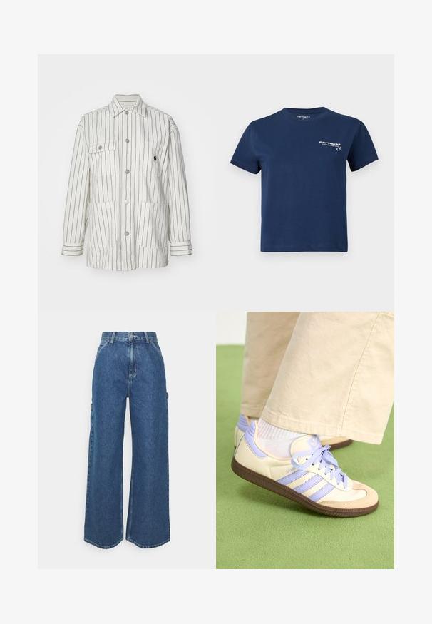 Biała kurtka w paski z zapięciem na guziki z przodu, dwoma dużymi kieszeniami z przodu, długimi rękawami i kołnierzem. Wykonana z trwałego materiału.; Granatowa bawełniana koszulka z krótkim rękawem, okrągłym dekoltem i białym logo nadrukowanym po lewej stronie na przodzie. Prosty wzór, gładka tekstura.; Szerokie niebieskie dżinsowe spodnie z wysokim stanem, kontrastowymi szwami i bocznymi kieszeniami, z klasycznym pięciokieszeniowym wzorem i surowymi brzegami.; Kremowe i lawendowe trampki z trzema paskami oraz teksturowaną brązową podeszwą, wyposażone w sznurówki i wyścieloną piętę. Górna część z miękkiego materiału.