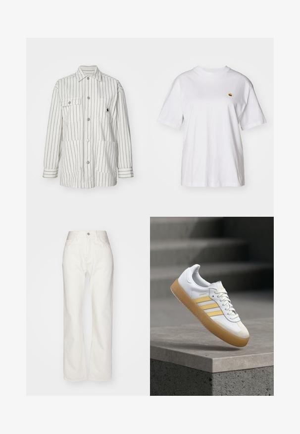 White striped jacket with a button-up front, two large front pockets, long sleeves, and a collar. Made from a durable fabric.; White cotton t-shirt with a relaxed fit, short sleeves, and a small embroidered logo on the left chest area.; White denim trousers with a high waist and wide-leg fit. Features a button and zipper closure, belt loops, and subtle stitching details.; White leather sneaker with yellow accents, three stripes, and a gum rubber sole. Features a rounded toe and textured tongue.