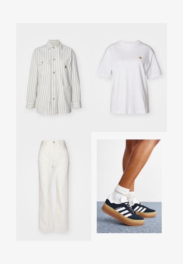 Balta dryžuota striukė su mygtukų užsegimu, dviem didelėm priekinių kišenėm, ilgom rankovėm ir apykakle. Pagaminta iš tvirto audinio.; Balta medvilnė marškinėliai su laisvu sijonu, trumpomis rankovėmis ir maža siuvinėta logo kairėje krūtinės pusėje.; Balti džinsai su aukštu liemeniu ir plačiomis kojomis. Turi mygtuko ir užtrauktuko uždarymą, diržo kilpeles ir subtilius siuvinėjimo akcentus.; Juodi zomšiniai sportbačiai su baltais dryžiais ir akcentais, apvalios nosies, guminio, gumos pado, derinami su baltais raitytais vidutinio ilgio kojinaitėmis.