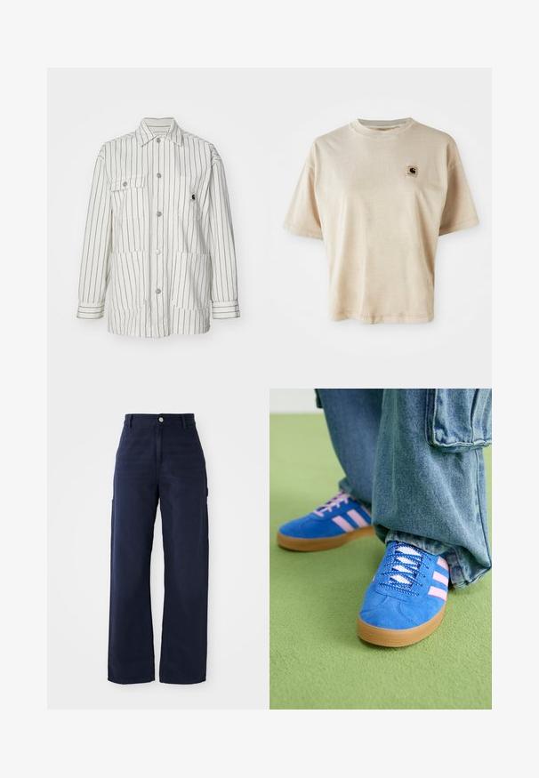 Giacca a righe bianche con chiusura a bottoni sul davanti, due ampie tasche frontali, maniche lunghe e colletto. Realizzata in un tessuto resistente.; T-shirt in cotone beige con vestibilità comoda, scollo rotondo, maniche corte e un piccolo logo quadrato sulla parte sinistra del petto.; Pantaloni cargo a gamba larga blu navy in un robusto tessuto di cotone, con tasche laterali e chiusura con bottone in vita.; Scarpe scamosciate blu con strisce rosa e lacci bianchi, dotate di una suola in gomma, abbinate a pantaloni di denim larghi su una superficie verde.